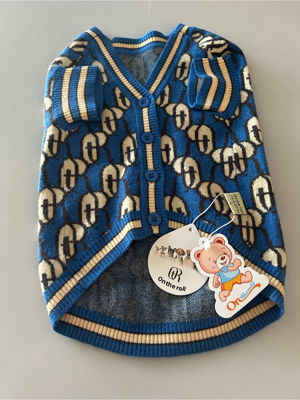 NWT On The Roll Luxury Monogram Dog Cardigan Sweater - Blue/Cream - Size Large